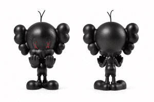 A black KAWS "BFF" vinyl figure is shown from the front and back, with red "X" eyes.