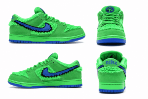 Four views of a fuzzy green "Nike" shoe with a blue jagged swoosh and "Grateful Dead" bear logo.