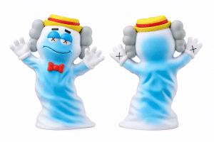 A light blue ghost figure with a yellow hat, red bowtie, and X's for eyes, shown front and back.