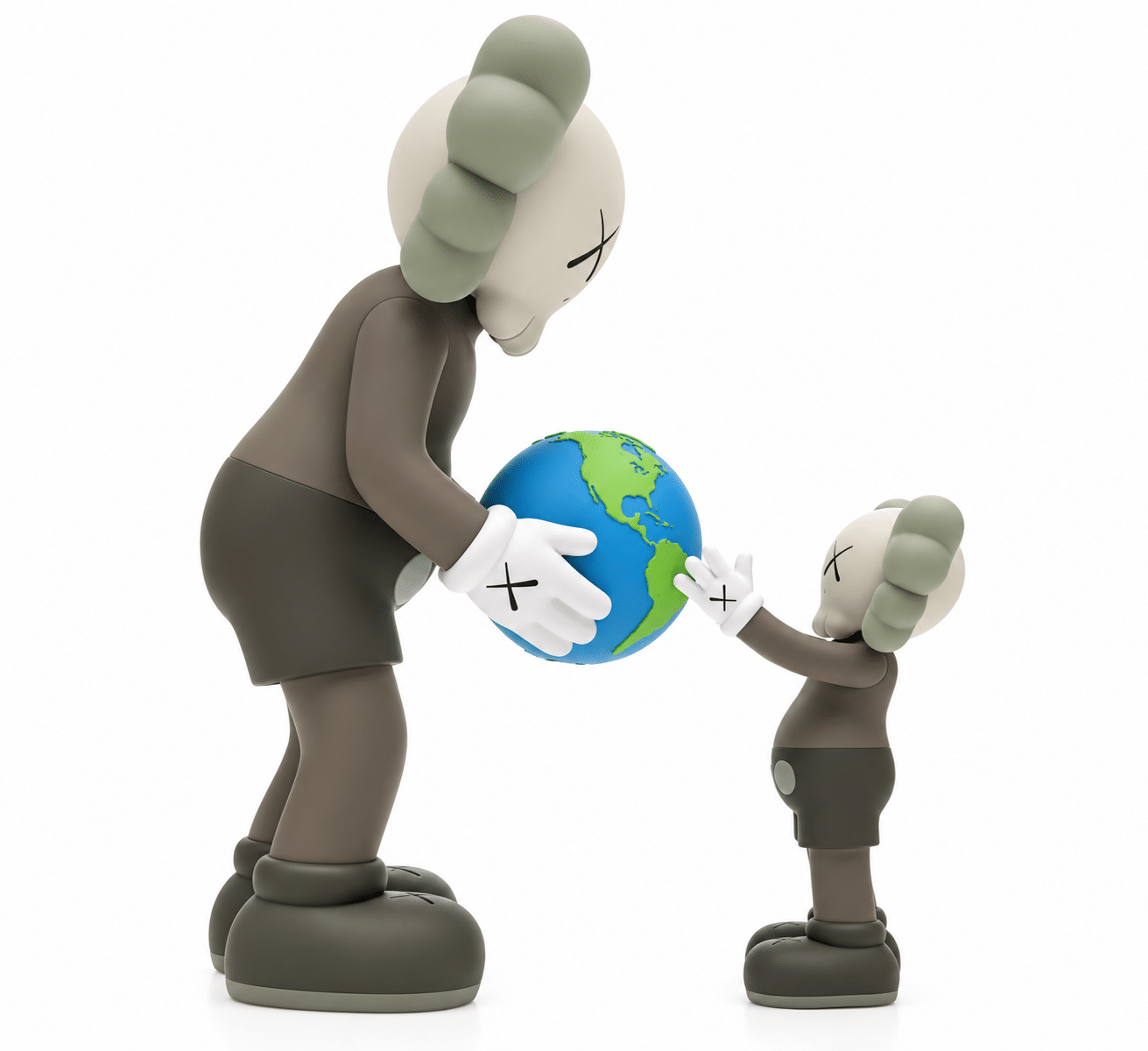 A large KAWS Companion figure in brown and gray hands a globe to a smaller KAWS Companion figure.