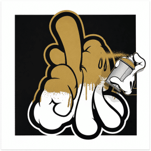 A cartoon hand in a white glove holds a gold spray can, painting a large "B" with drips.