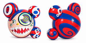 Two red and blue striped bear-like figures with round ears and heads, one with a wide toothy grin.