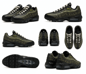 Multiple views of black and olive green Nike Air Max 95 sneakers with "فلسطين" in yellow on the tongue.