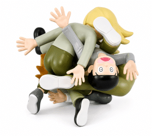 A pile of cartoon figures with olive green pants and gray shirts, one figure's face upside down.