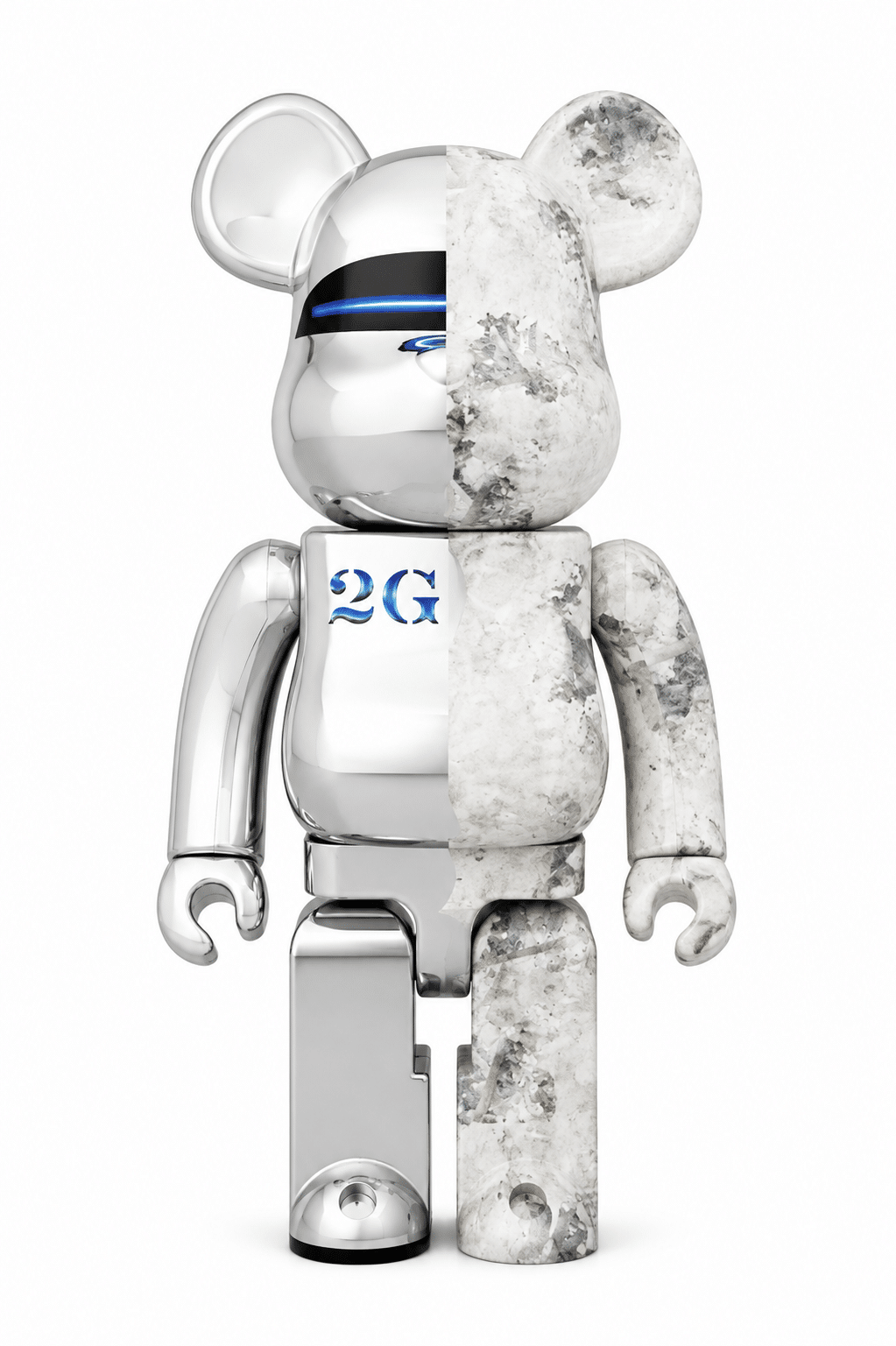 A Bearbrick figure is split vertically, half shiny chrome with "2G" on its chest, and half white marble.