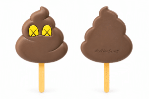 Two brown poop-shaped popsicles on sticks, one with yellow "X" eyes, the other with "KAWS...08" and "MEDICOM TOY" text.