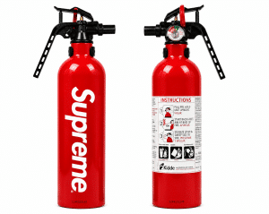 Two red fire extinguishers are shown, one with "Supreme" in white text, and the other with instructions.