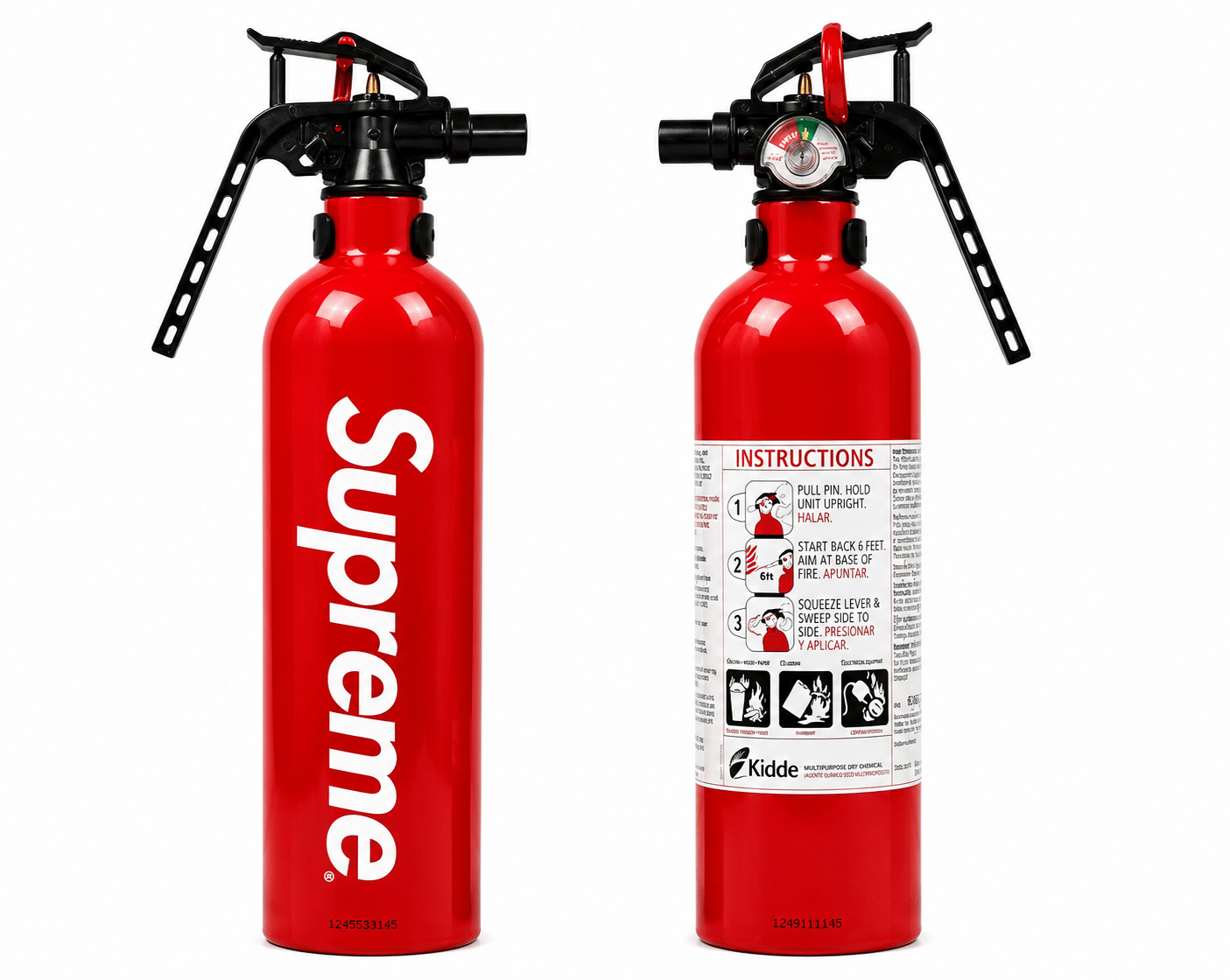 Two red fire extinguishers are shown, one with "Supreme" in white text, and the other with instructions.