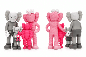 Two sets of KAWS Companion figures, one gray and one pink, are shown from front and back views.