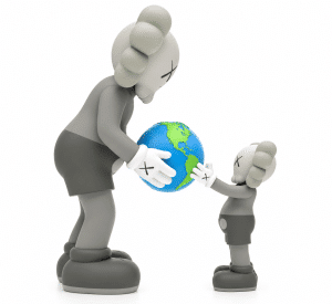 A large gray KAWS Companion figure passes a blue and green globe to a smaller KAWS figure.