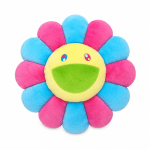 A plush, yellow flower with a green smile, blue and pink petals, and mismatched eyes on a white background.