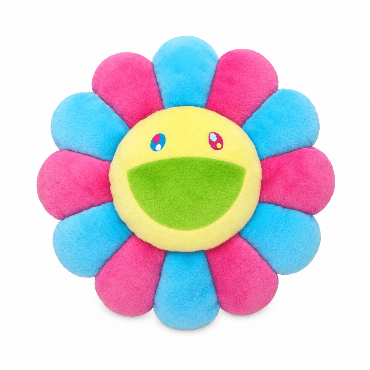 A plush, yellow flower with a green smile, blue and pink petals, and mismatched eyes on a white background.