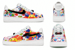 Four views of white sneakers with colorful, cartoonish faces and flowers; one shoe has a black Nike swoosh, the other a black lightning bolt.