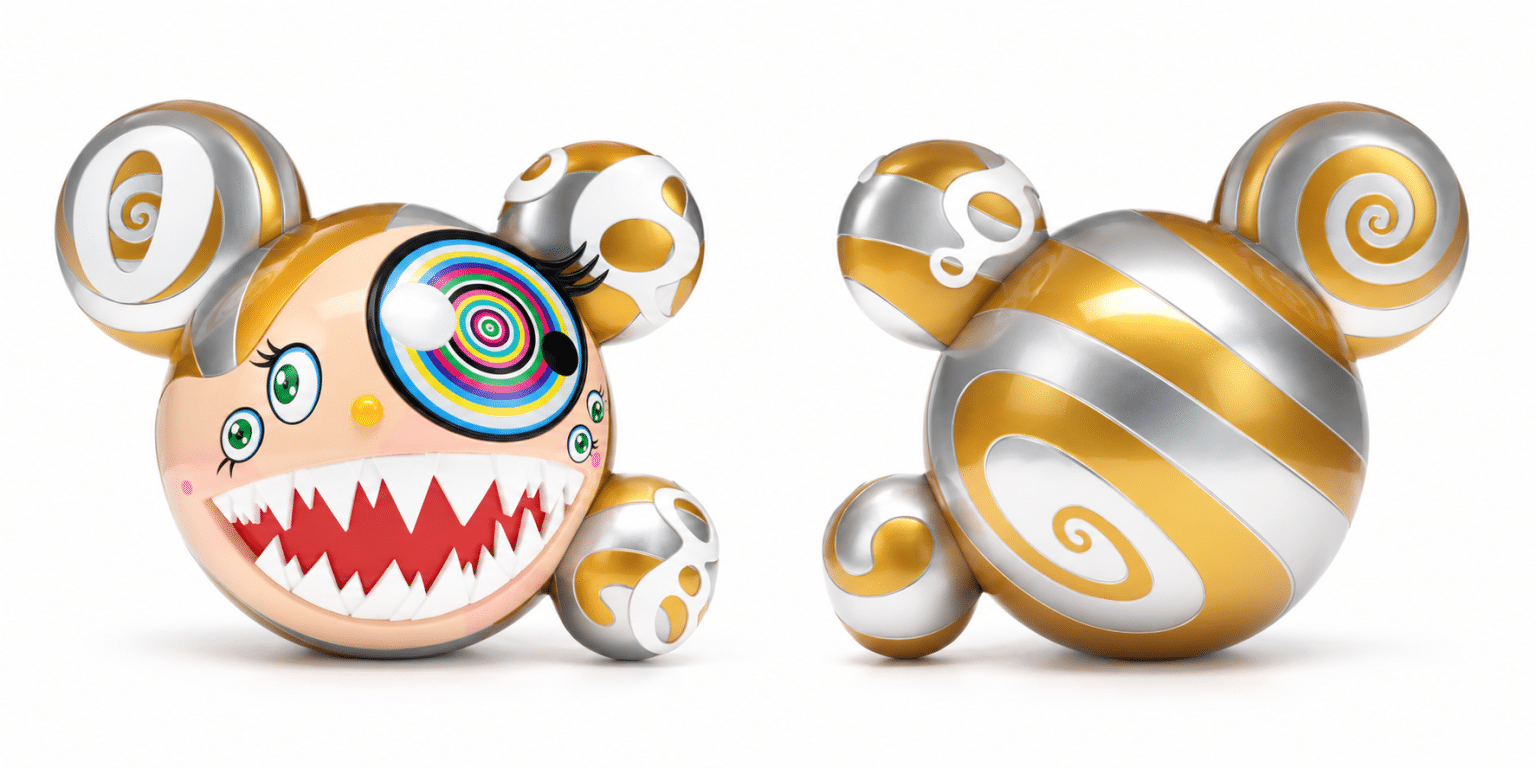 Two gold and silver Mickey Mouse-shaped sculptures, one with a face and the other with stripes.