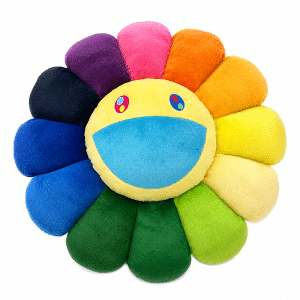 A plush, yellow flower with a smiling face and blue mask is surrounded by colorful petals in a rainbow pattern.