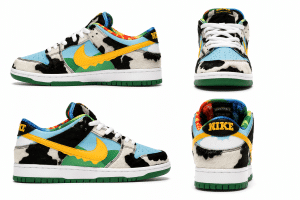 Four views of a Nike Dunk Low "Chunky Dunky" shoe, featuring cow print, blue sky, green hills, and a yellow swoosh.