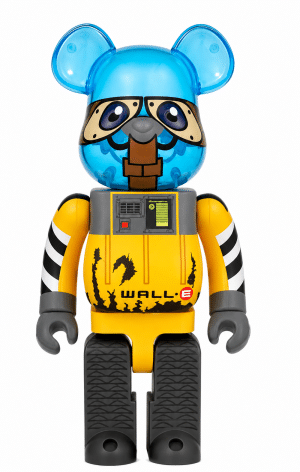 A blue translucent bear-shaped figurine with "WALL•E" on its yellow body stands on a white background.