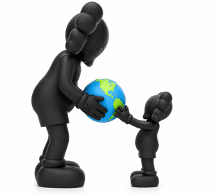 A large black KAWS Companion figure hands a blue and green globe to a smaller KAWS Companion figure.