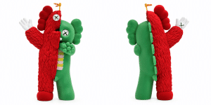 Two KAWS Companion figures, one red and one green, are split vertically and combined into two halves.