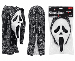 Three "Ghost Face" masks are shown: two with black bandana-print hoods, one in clear packaging labeled "Ghost Face."