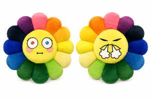 Two colorful sunflower pillows with different expressions: one surprised with red and blue eyes, the other angry.