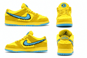 Four views of a yellow furry "Nike" shoe with blue accents and a "Grateful Dead" bear logo.