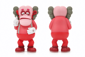 A front and back view of a pink and red KAWS Companion figure with X's for eyes and white gloves.