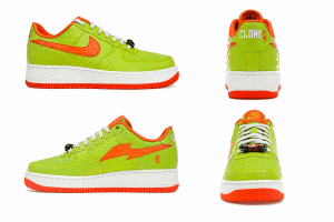 Four views of a lime green, crocodile-textured sneaker with orange accents and "CLONE" on the heel.