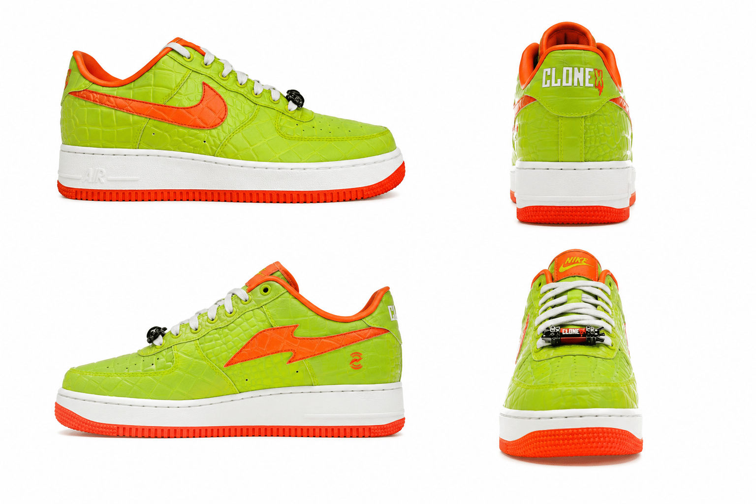 Four views of a lime green, crocodile-textured sneaker with orange accents and "CLONE" on the heel.