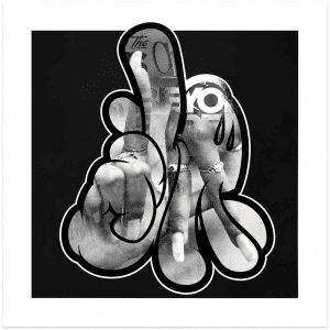 A black and white image of a hand forming a peace sign, with "THE 0" and "YO" visible.