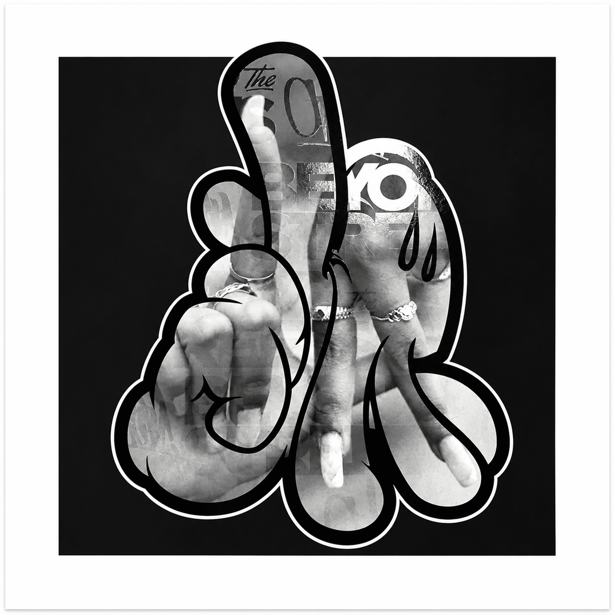 A black and white image of a hand forming a peace sign, with "THE 0" and "YO" visible.