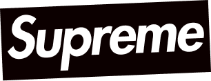 A black rectangular box with the word "Supreme" in white, bold, sans-serif letters, angled slightly upward.