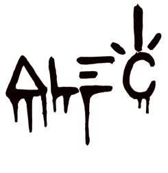 Black graffiti-style text "ALEC" with dripping paint, a sun symbol above the "E", and an exclamation point above the "C".