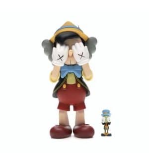 A KAWS Pinocchio figure with white gloved hands covering its eyes, stands next to a tiny Jiminy Cricket.