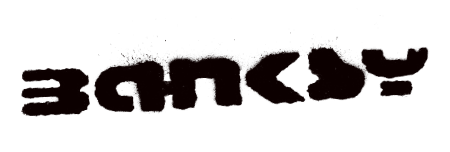 Black spray-painted text "BANKSY" in reverse, with a slightly smudged, stencil-like appearance on a white background.