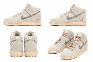 Four views of light tan high-top sneakers with pink laces, a textured Nike swoosh, and a small pink bird.