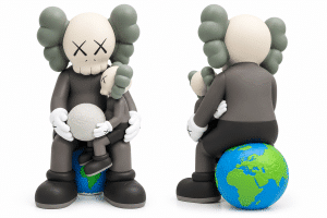 A KAWS Companion figure with "XX" eyes sits on a globe, holding a smaller Companion figure that holds a moon.