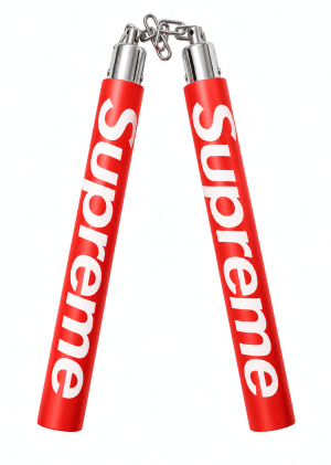 Two red nunchaku, connected by a silver chain, stand upright with "Supreme" written vertically in white.