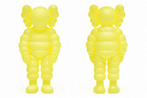 A bright yellow KAWS "What Party" figure, front and back views, with X's for eyes and a segmented body.