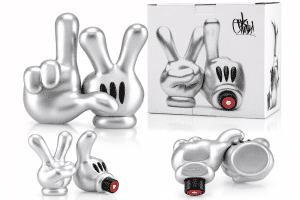 Two silver Mickey Mouse gloves, one forming a peace sign and the other a spray can nozzle, with a box in the background.