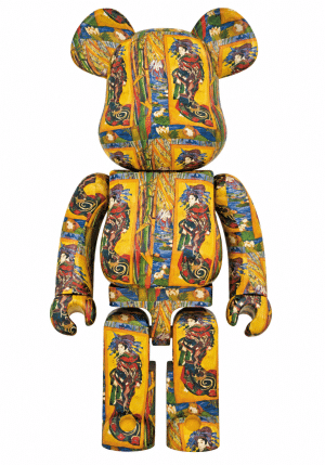 A full-body view of a Bearbrick figure covered in a colorful Japanese ukiyo-e woodblock print pattern.