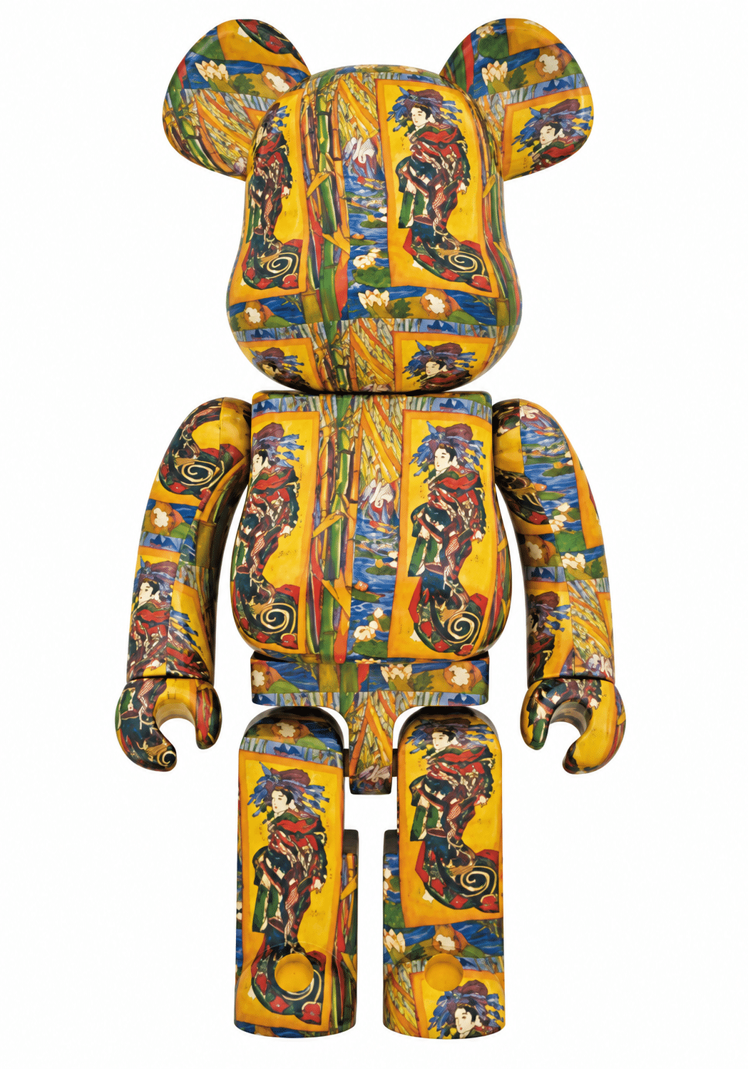 A full-body view of a Bearbrick figure covered in a colorful Japanese ukiyo-e woodblock print pattern.