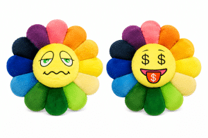 Two plush flower pillows with multicolored petals and yellow faces, one sad and one with dollar signs.