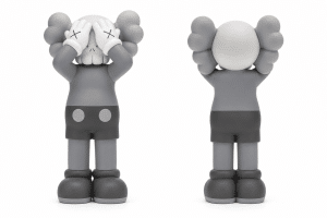 A gray KAWS Companion figure covers its face with gloved hands marked with "X"s, and its back is visible.