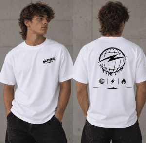A young man models a white t-shirt with "Heatwaves" on the front and a dripping globe design on the back.