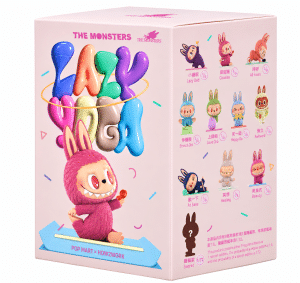 A pink box with "THE MONSTERS LAZY GAGA" text, a pink bunny, and 10 small bunny figures.