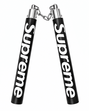 Two black nunchaku sticks, connected by a silver chain, have "Supreme" printed vertically in white.