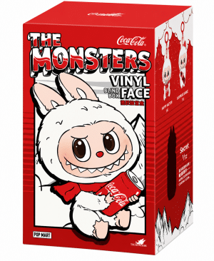 A red box with "THE MONSTERS VINYL FACE BLIND BOX" features a white monster holding a Coca-Cola can.