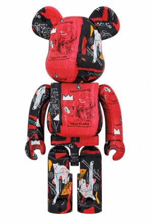 A Bearbrick figure covered in red and black abstract art, with "NEW FLAME" text and crowns.