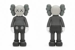 A gray KAWS Companion figure, with a skull-like head and "XX" eyes, is shown from the front and back.